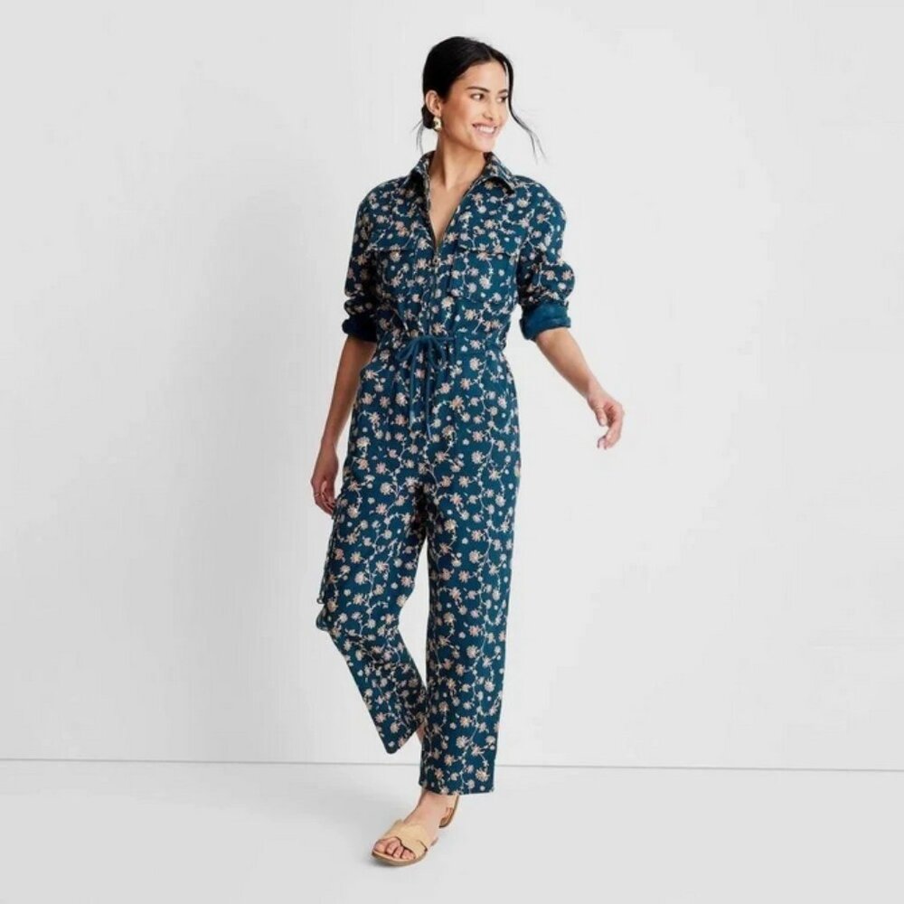 Floral Print Long Sleeve Zip-Front Boilersuit - Future Collective Teal 00